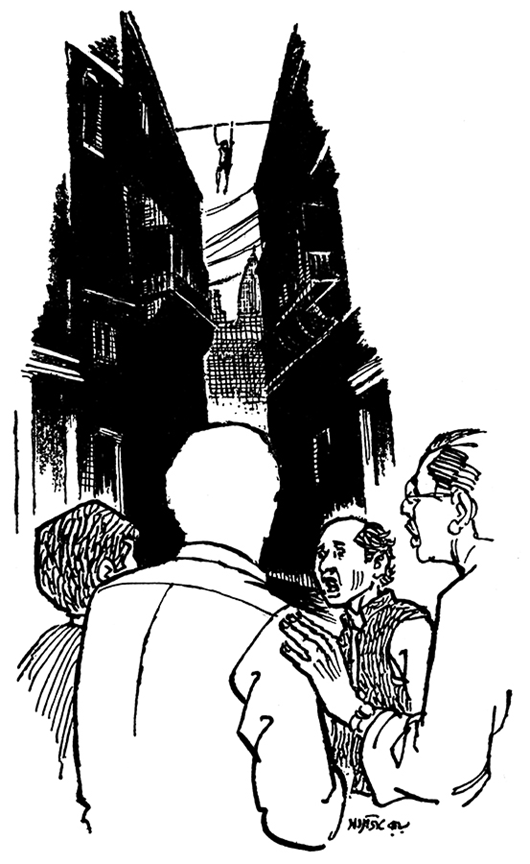 ছেলেটি পাঁচিল থেকে কার্নিশে নেমে খপ্‌ করে বাঁশটা ধরে শূন্যে ঝুলে পড়ল।