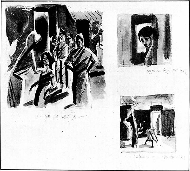 পথের পাঁচালি: লেখকের আঁকা চিত্র-কাহিনী, ওয়াশ ড্রইং-এর দুটি পৃষ্ঠা।